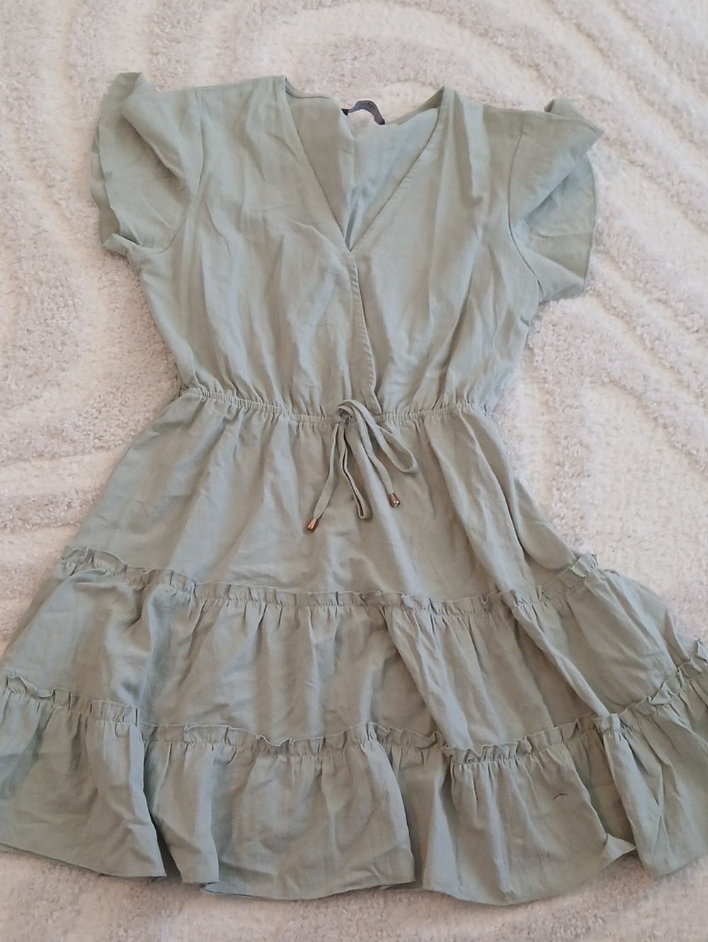 Simple Light Sage Green V-Neck Tiered Drawstring Mini Dress